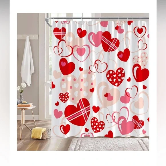 🫧💖🛁💖🫧Red&Pink Heart Shower Curtain/Backdrop/Room Divider w C ring hooks🌟NEW🌟 - Picture 1 of 4